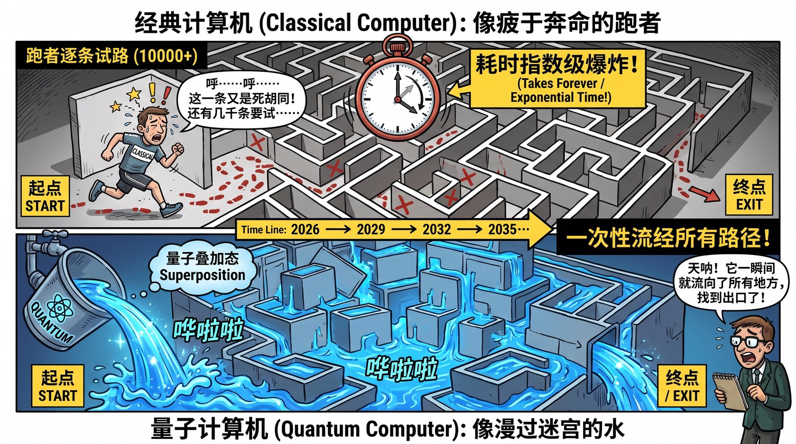 图2：迷宫比喻对比图——上屏跑者逐条试路（经典），下屏水流同时漫过所有通道（量子）
