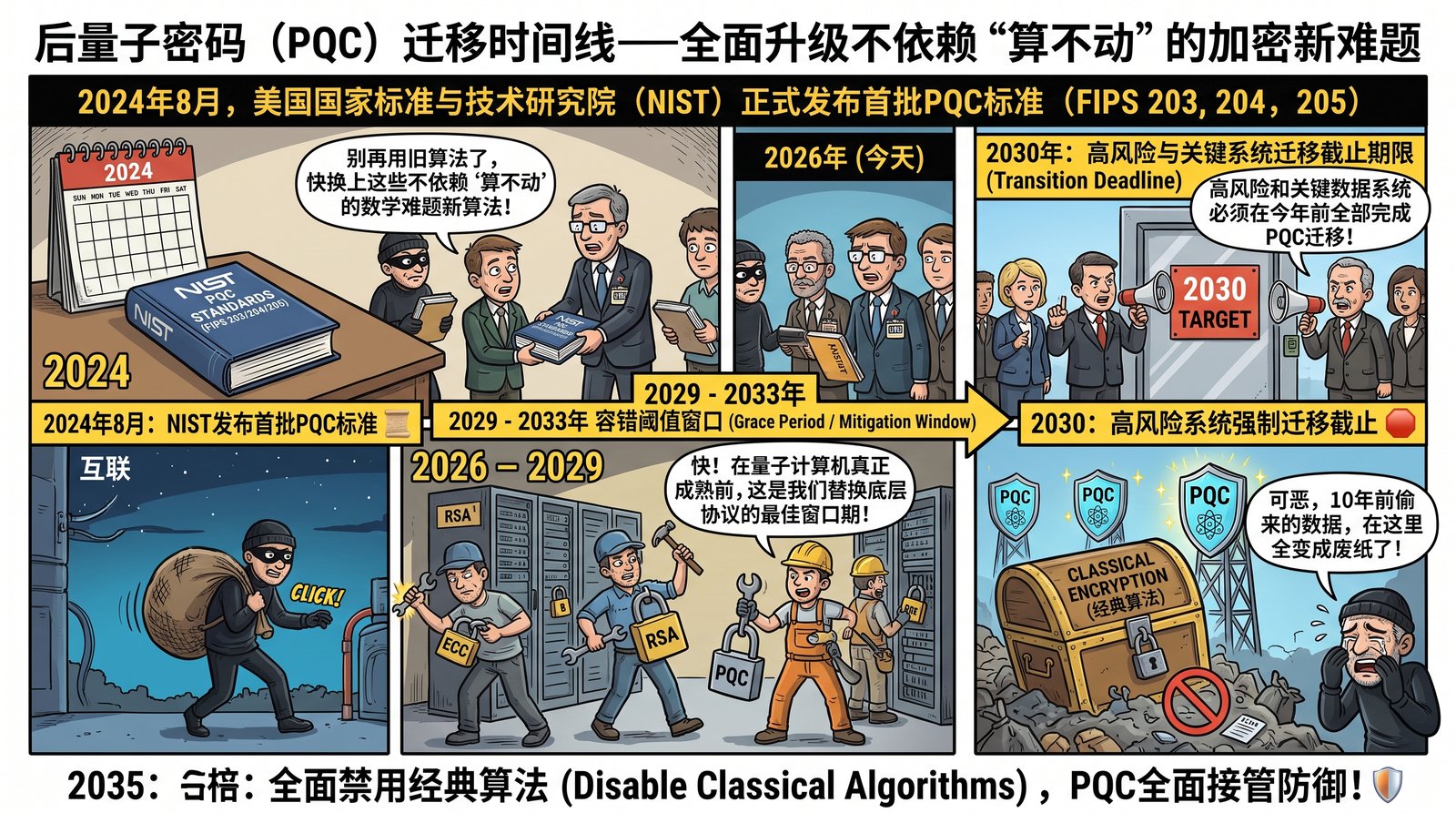 图3：后量子密码迁移时间线信息图——2029–2033 容错阈值窗口、2030 迁移截止、2035 禁用经典算法