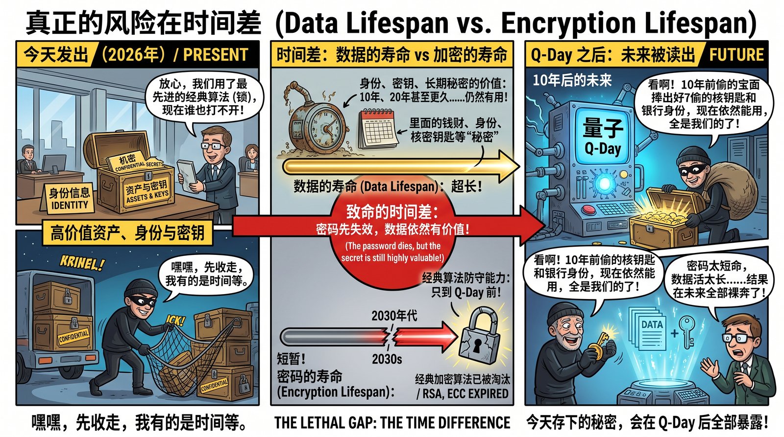 图4：数据寿命 vs 密码寿命 时间差图——今天发出 → 长期存储 → Q-Day 被读出